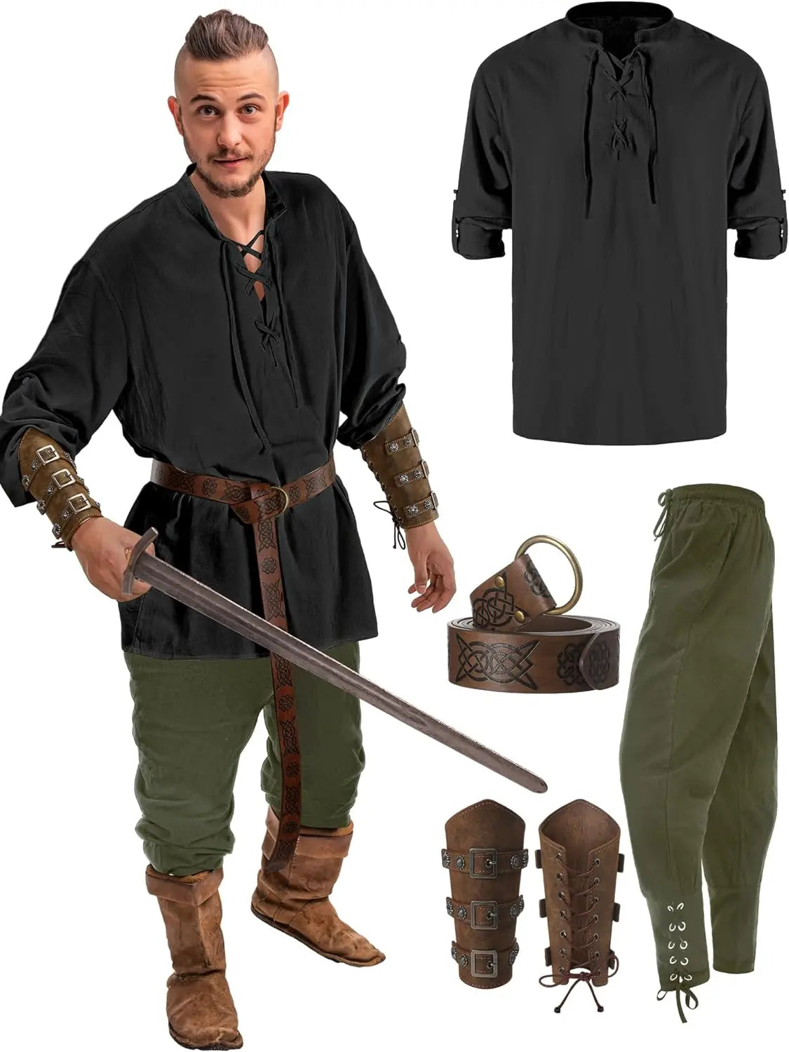 Jiuguva 4 Pcs Halloween Men's Renaissance Costume Set Medieval Pirate Shirt Ankle Banded Pants Viking Belt Accessories