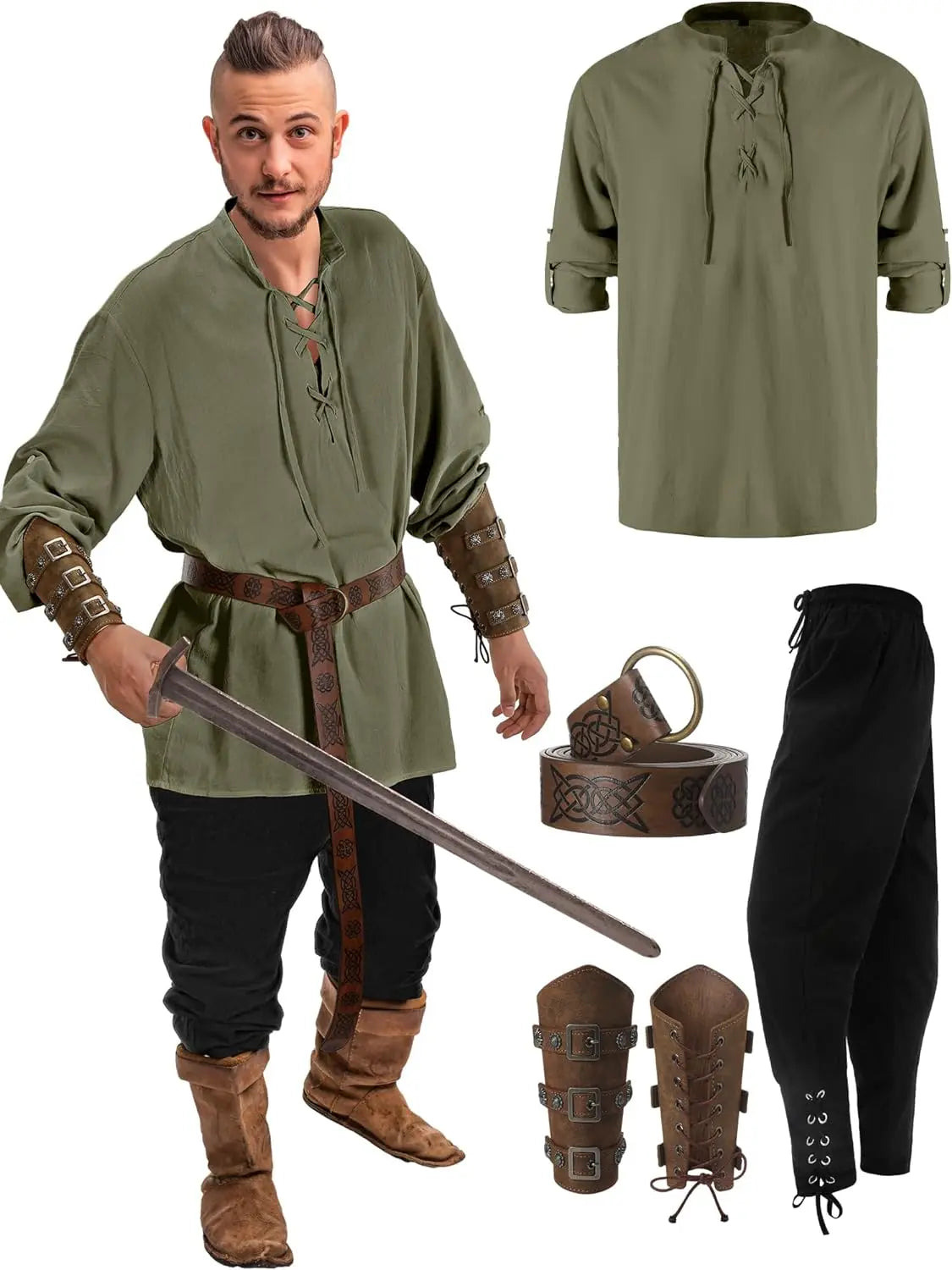 Jiuguva 4 Pcs Halloween Men's Renaissance Costume Set Medieval Pirate Shirt Ankle Banded Pants Viking Belt Accessories