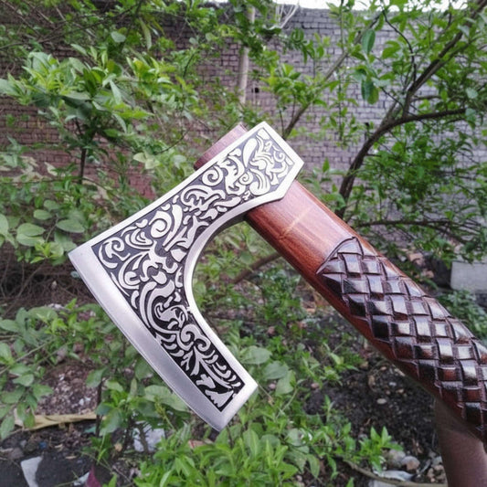 Traditional Viking Skeggøx Bearded Axe – Etched Steel Blade with Sculpted Wood Shaft
