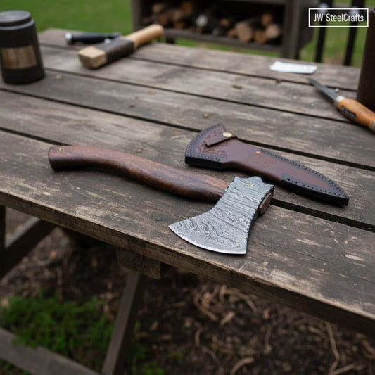 Hand Forged Damascus Bearded Camp Axe | Curved Hardwood Handle | JW SteelCrafts
