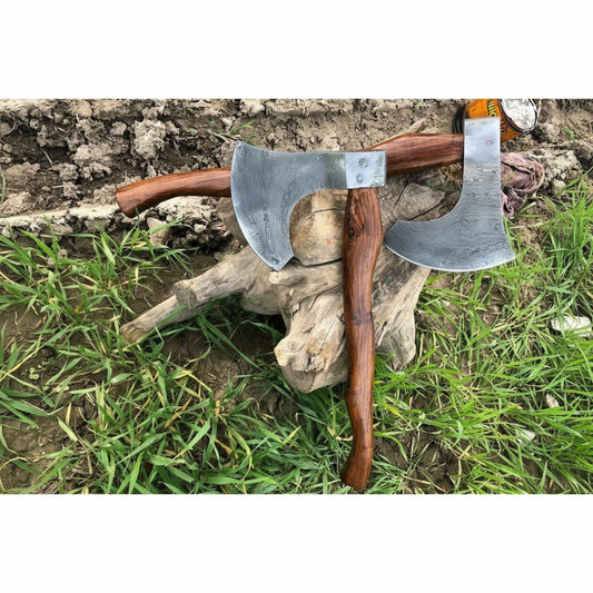 Matching Pair of Hand-Forged Damascus Bearded Axes with Curved Rosewood Handles