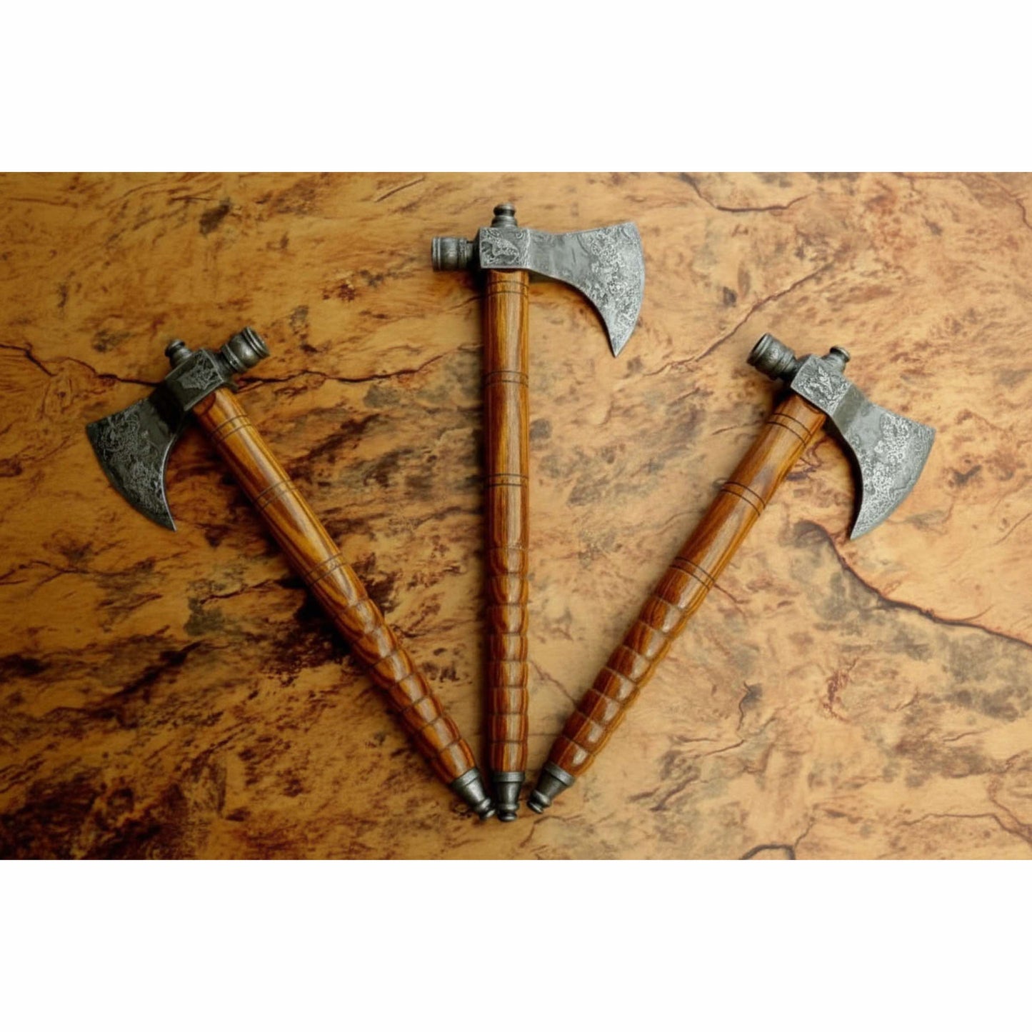 Viking Skeggøx Trio — Matching Short-Hafted Bearded Axes in Pattern-Welded Steel
