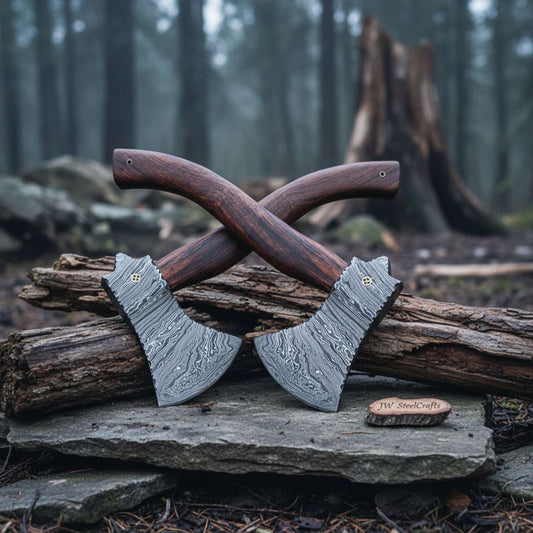 Authentic Norse Skeggøx Bearded Axe Set, Hand Forged Damascus Viking Axes with Hardwood Handles, Functional Bushcraft Hatchet Pair | JW SteelCrafts