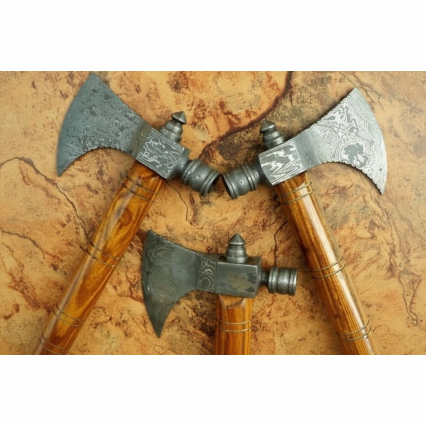 Viking Skeggøx Trio — Matching Short-Hafted Bearded Axes in Pattern-Welded Steel