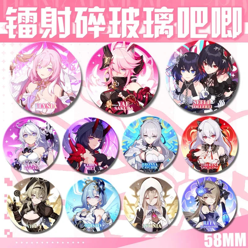 Kawaii Honkai Impact 3 Valkyrie Girls 58mm Laser Pin Badge Cosplay Accessories for Clothes Backpack Decor Brooch Gifts Keychain