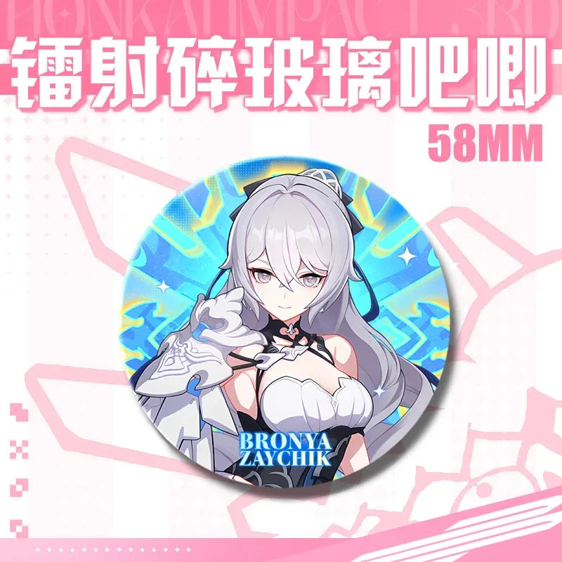 Kawaii Honkai Impact 3 Valkyrie Girls 58mm Laser Pin Badge Cosplay Accessories for Clothes Backpack Decor Brooch Gifts Keychain