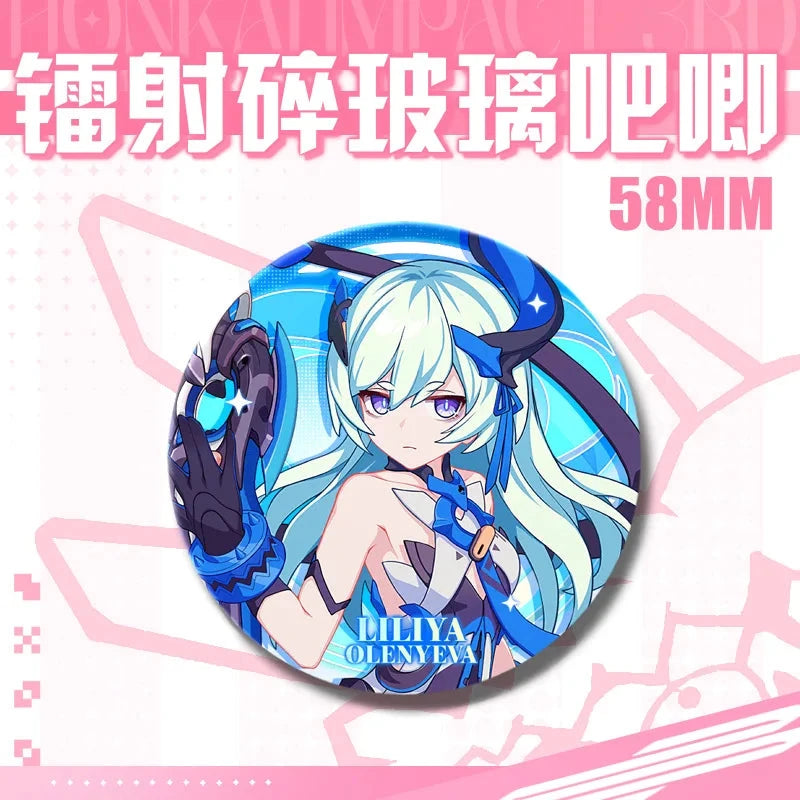 Kawaii Honkai Impact 3 Valkyrie Girls 58mm Laser Pin Badge Cosplay Accessories for Clothes Backpack Decor Brooch Gifts Keychain