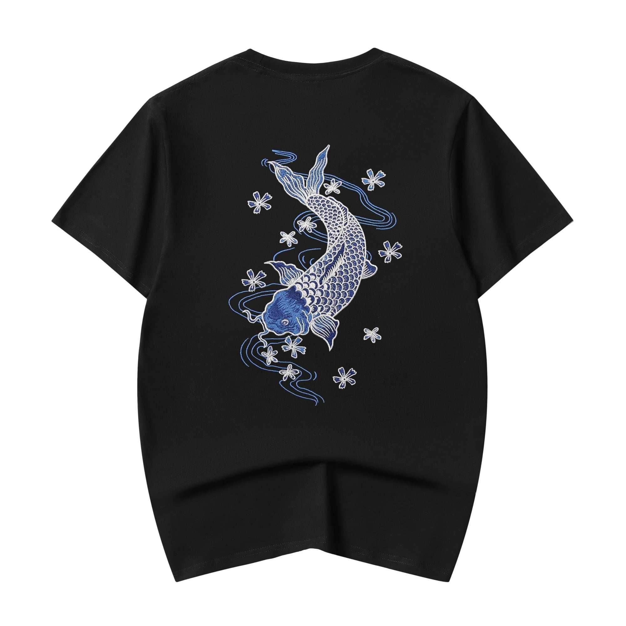 KH801 Blue Koi Embroidery Tee - Black / S