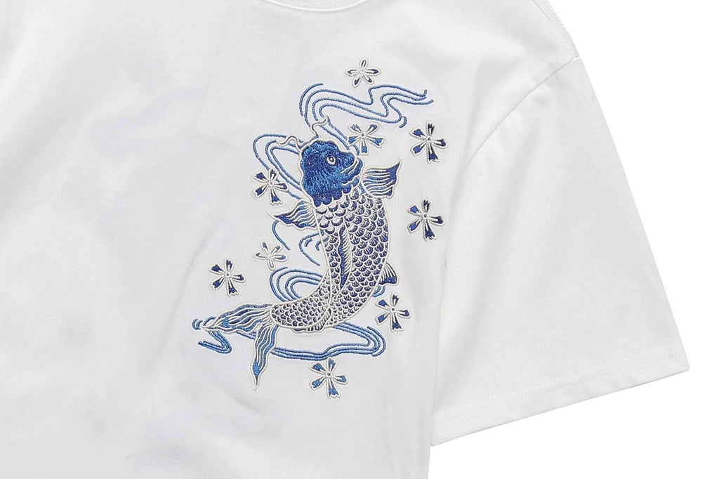KH801 Blue Koi Embroidery Tee - White / S