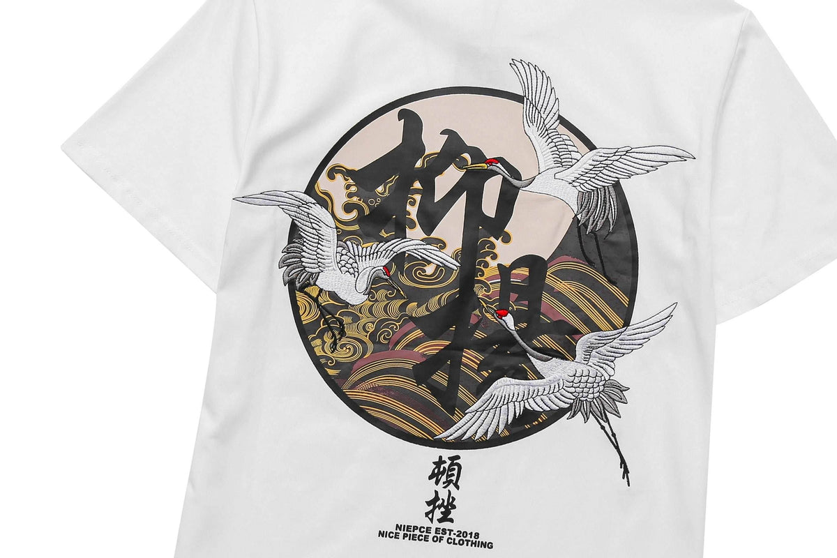 KH806 Movement of Cranes Embroidery Tee - White / S