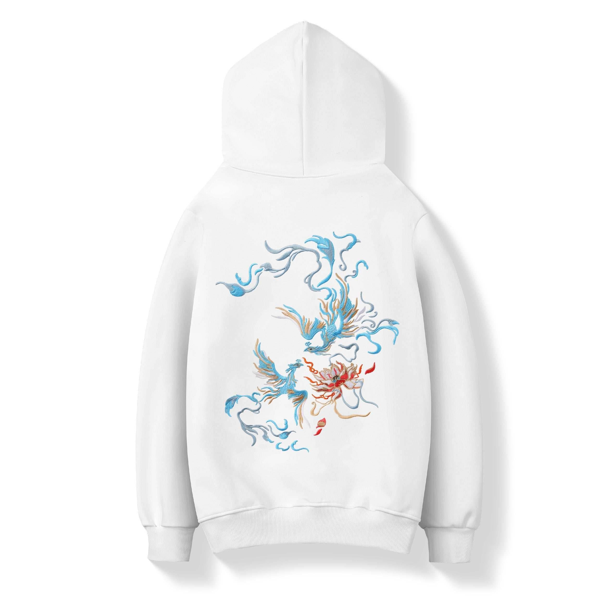 KH9010 Blue Phoenix Embroidery Hoodie - White / S