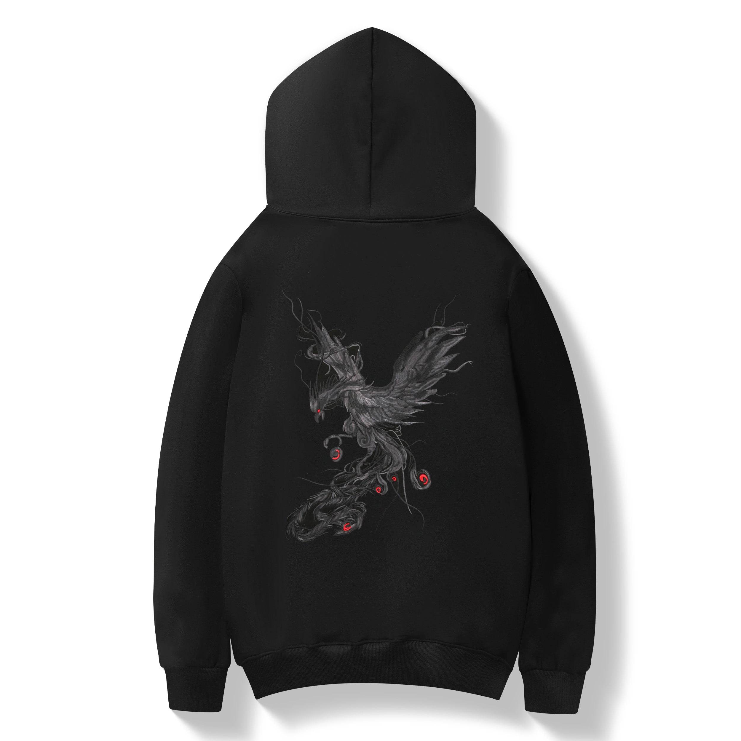 KH9011 Striking Phoenix Embroidery Hoodie - Black / S