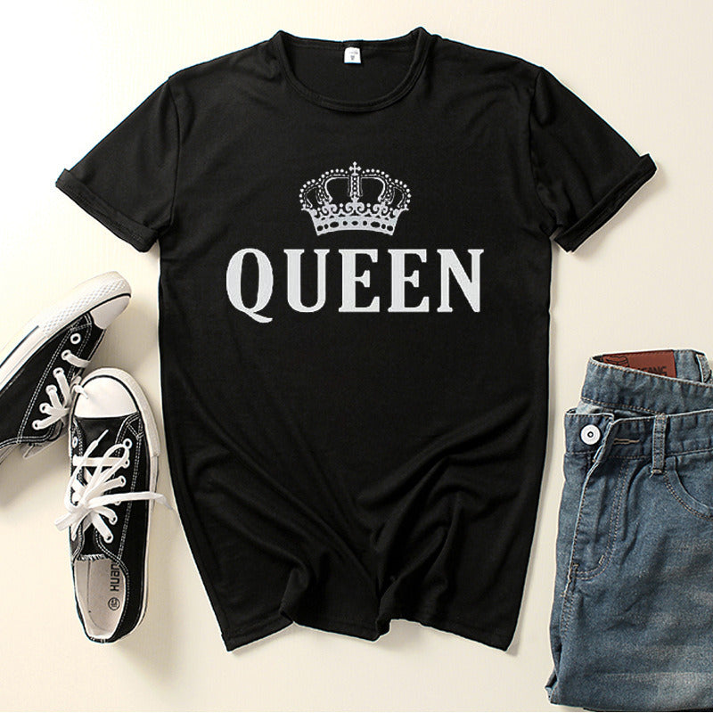 King Queen Crown Print Couple T Shirt Lovers Short Sleeve O Neck Loose Tshirt Fashion Woman Man Tee Shirt Tops Clothes