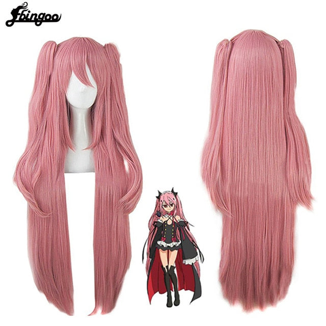 Krul Tepes Wig Pink Synthetic Cosplay Wig Double Ponytail Natural Long Straight Wig for Women Costume Party