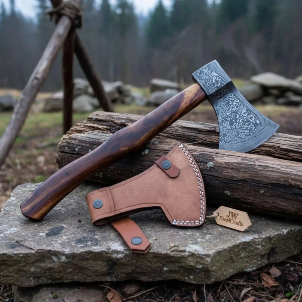 Hand Forged Damascus Steel Broad Edge Belt Axe with Hardwood Handle and Leather Sheath | JW SteelCrafts