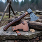 Hand Forged Damascus Steel Broad Edge Belt Axe with Hardwood Handle and Leather Sheath | JW SteelCrafts