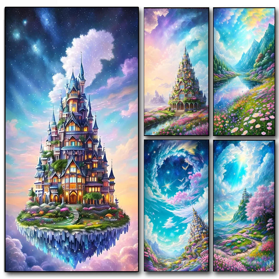 Large 5D DIY Diamond Painting Beautiful Palaces Sky Castle Natural Flowers Landscape Mosaic Diamond Embroidery Full Drill W591