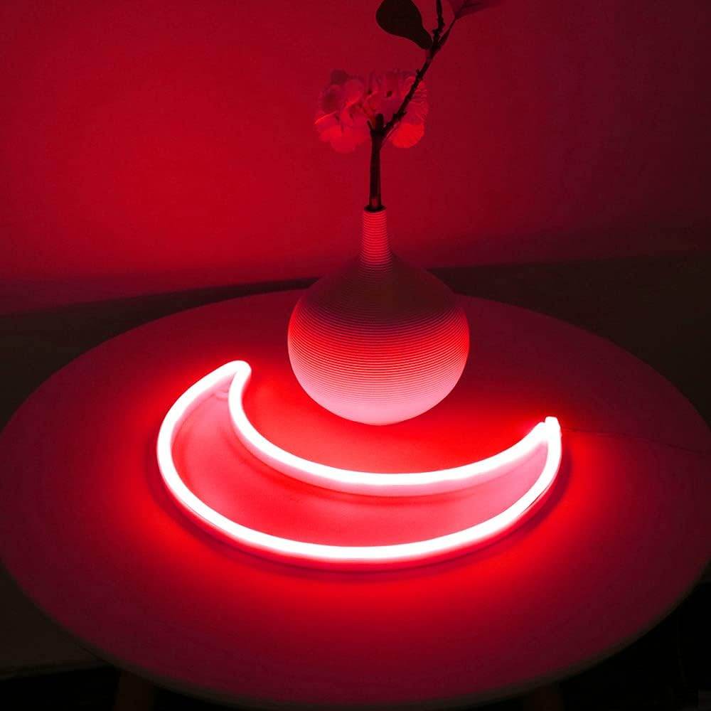 Pink Moon Neon Light - LED Night Light | Battery Powered & USB Glow Lamp - Red