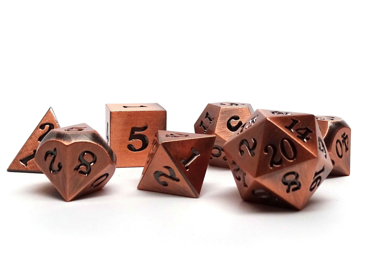 Legendary Copper 7 Piece Metal Dice Set - Black Signature Font