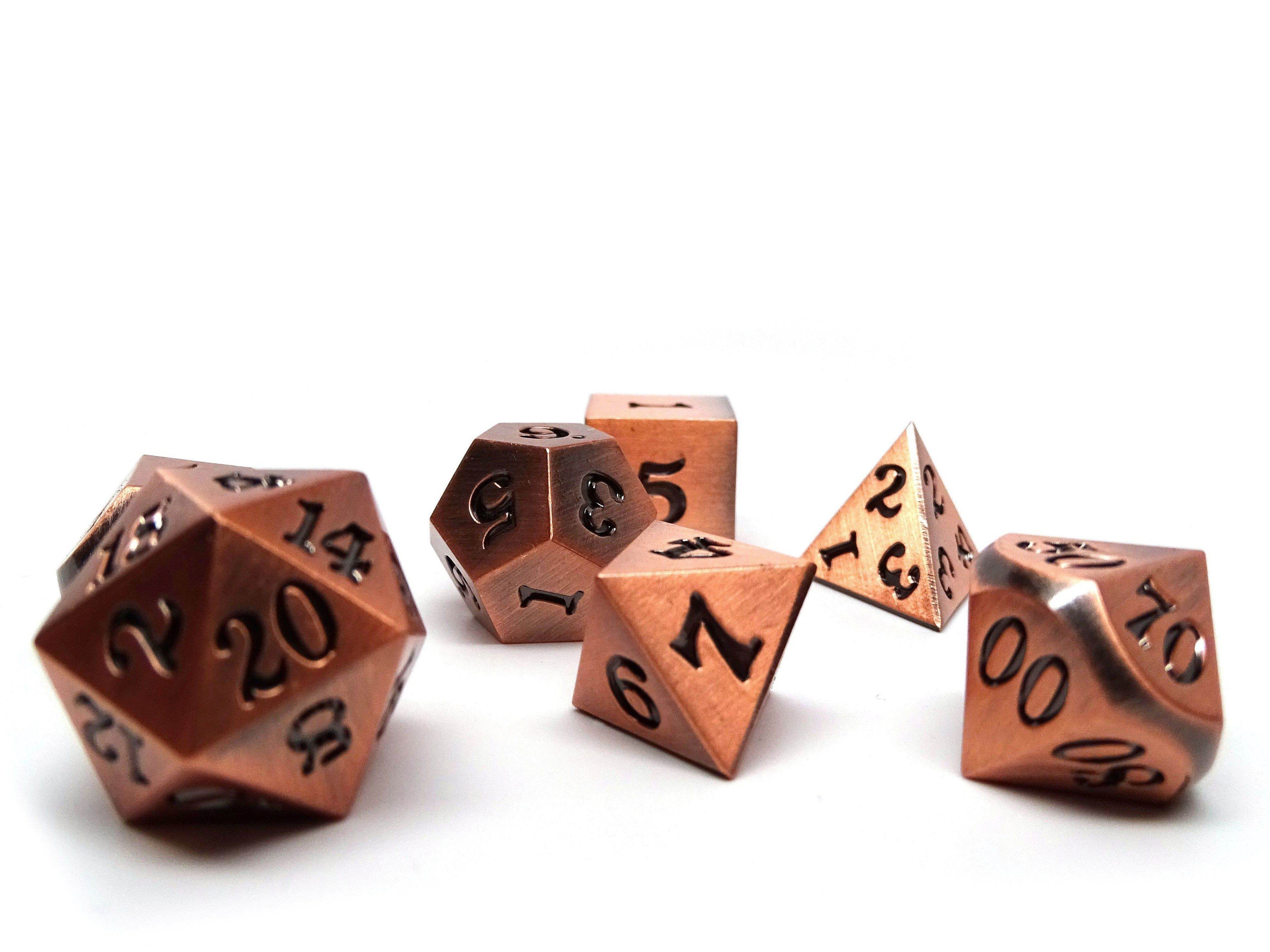 Legendary Copper 7 Piece Metal Dice Set - Black Signature Font - 