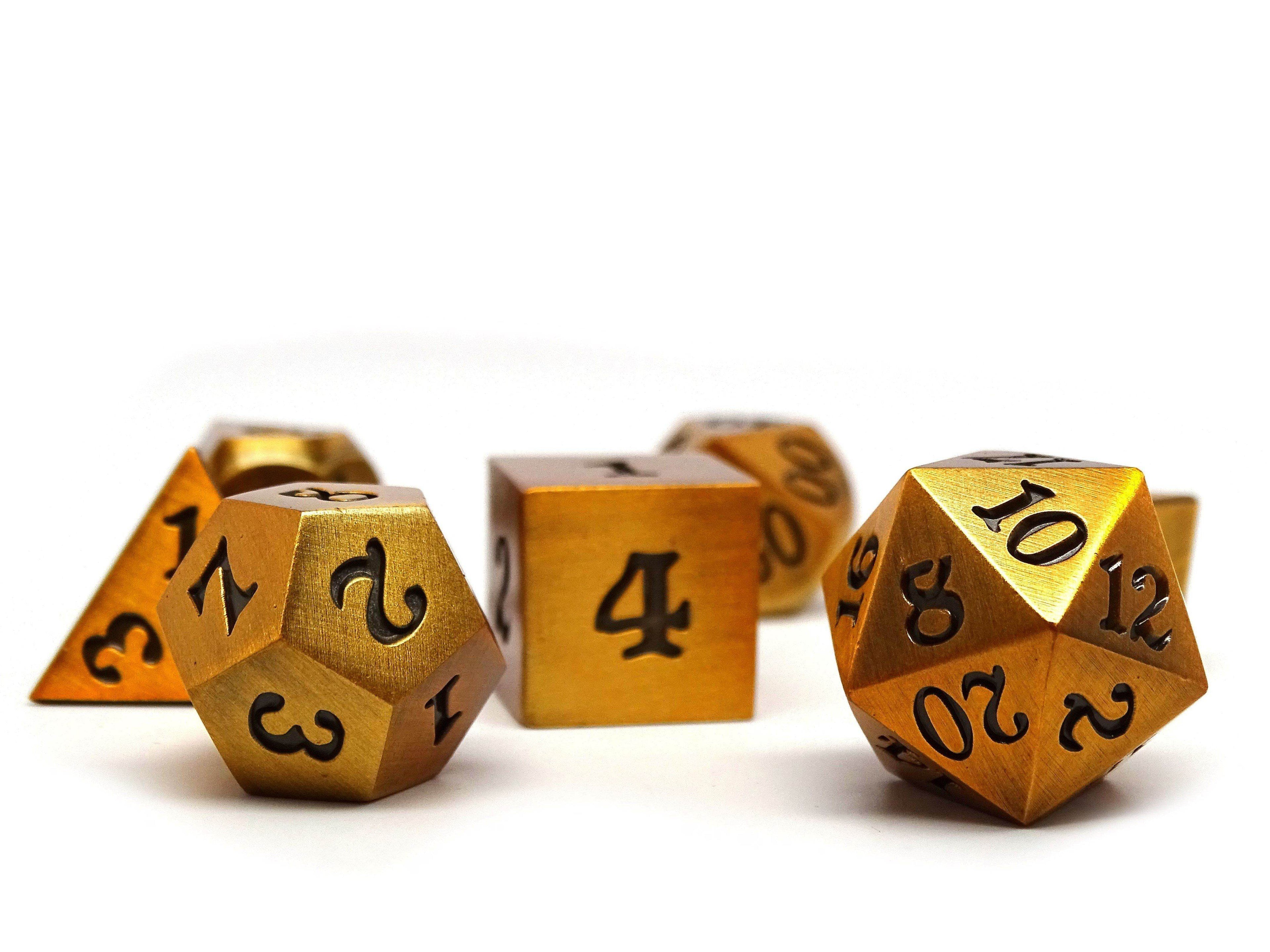 Legendary Gold 7 Piece Metal Dice Set - Black Signature Font - 