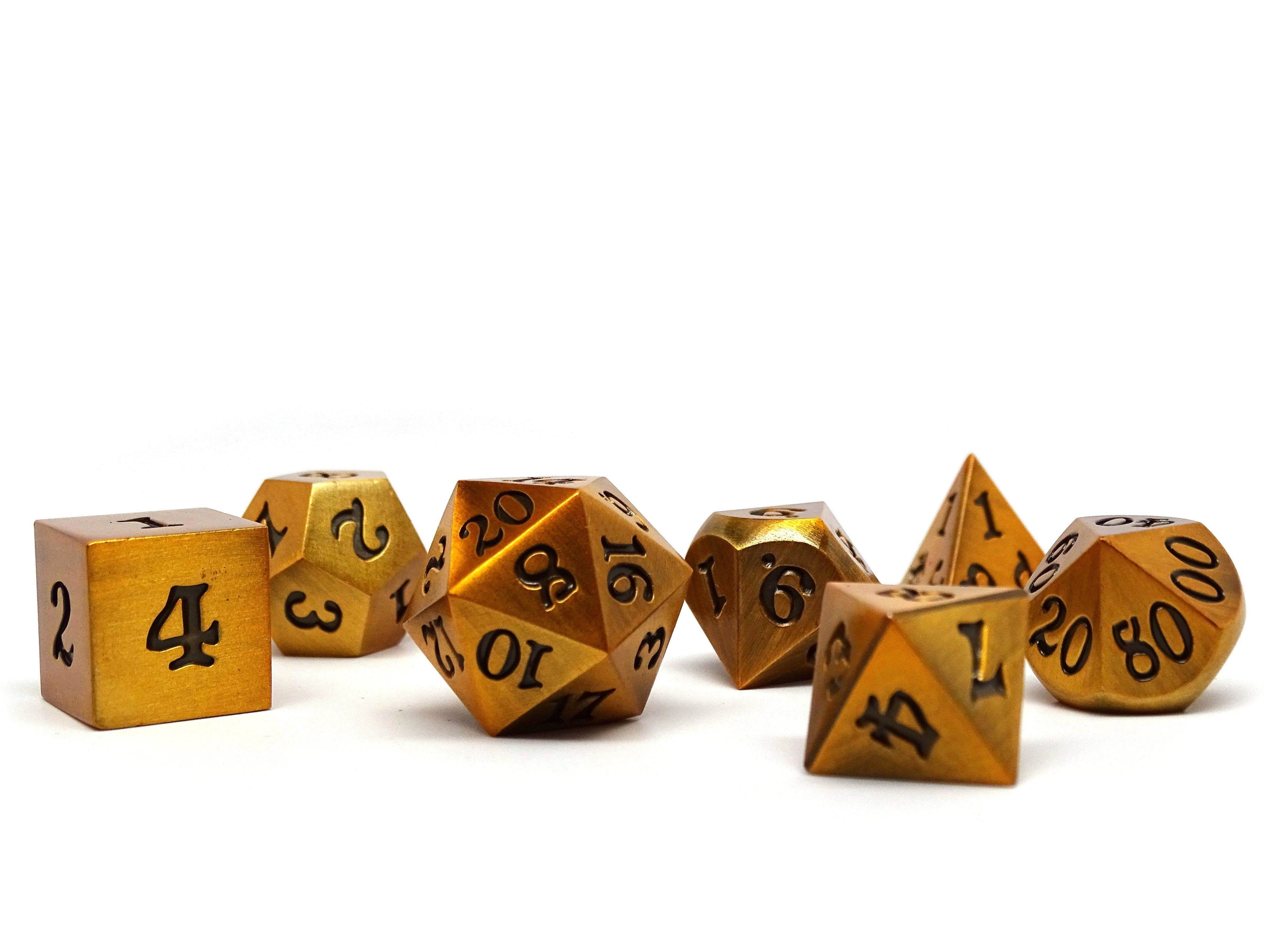 Legendary Gold 7 Piece Metal Dice Set - Black Signature Font - 