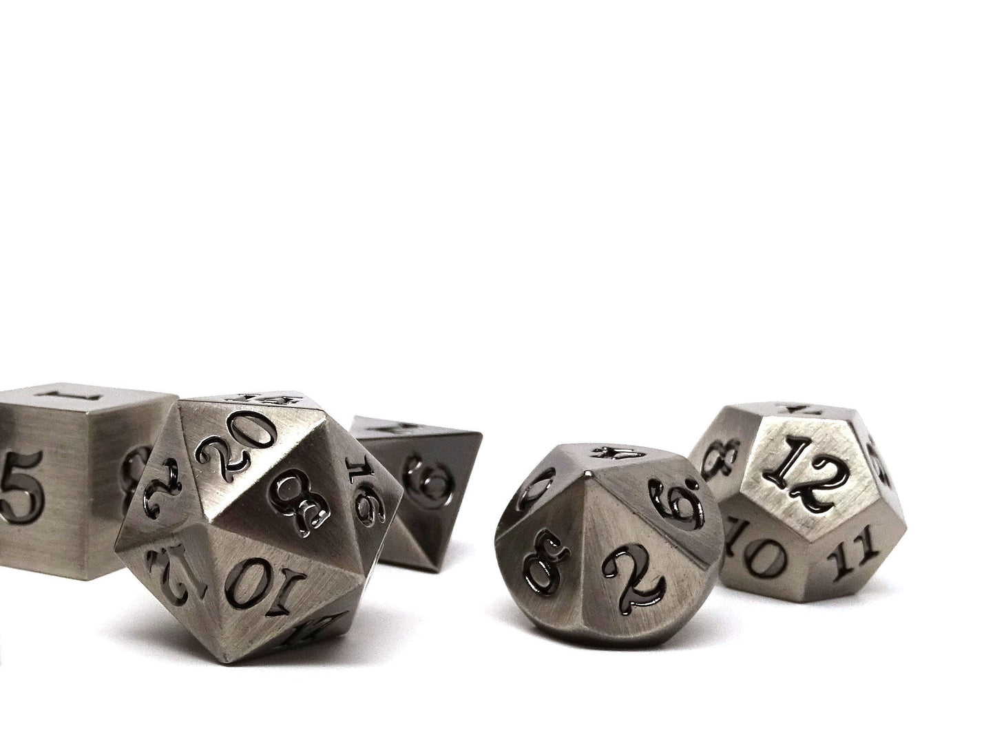 Legendary Silver 7 Piece Metal Dice Set - Black Signature Font