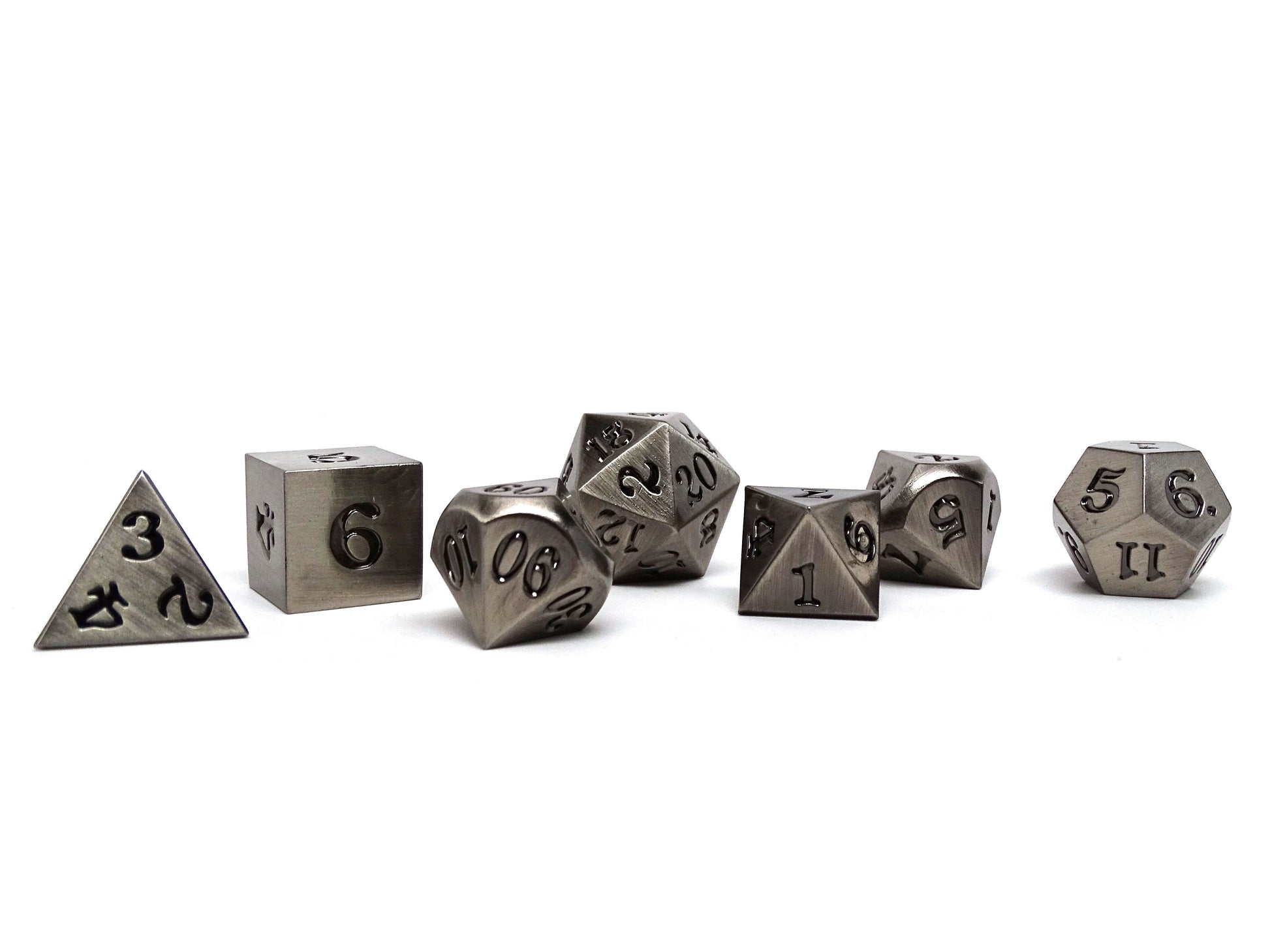 Legendary Silver 7 Piece Metal Dice Set - Black Signature Font