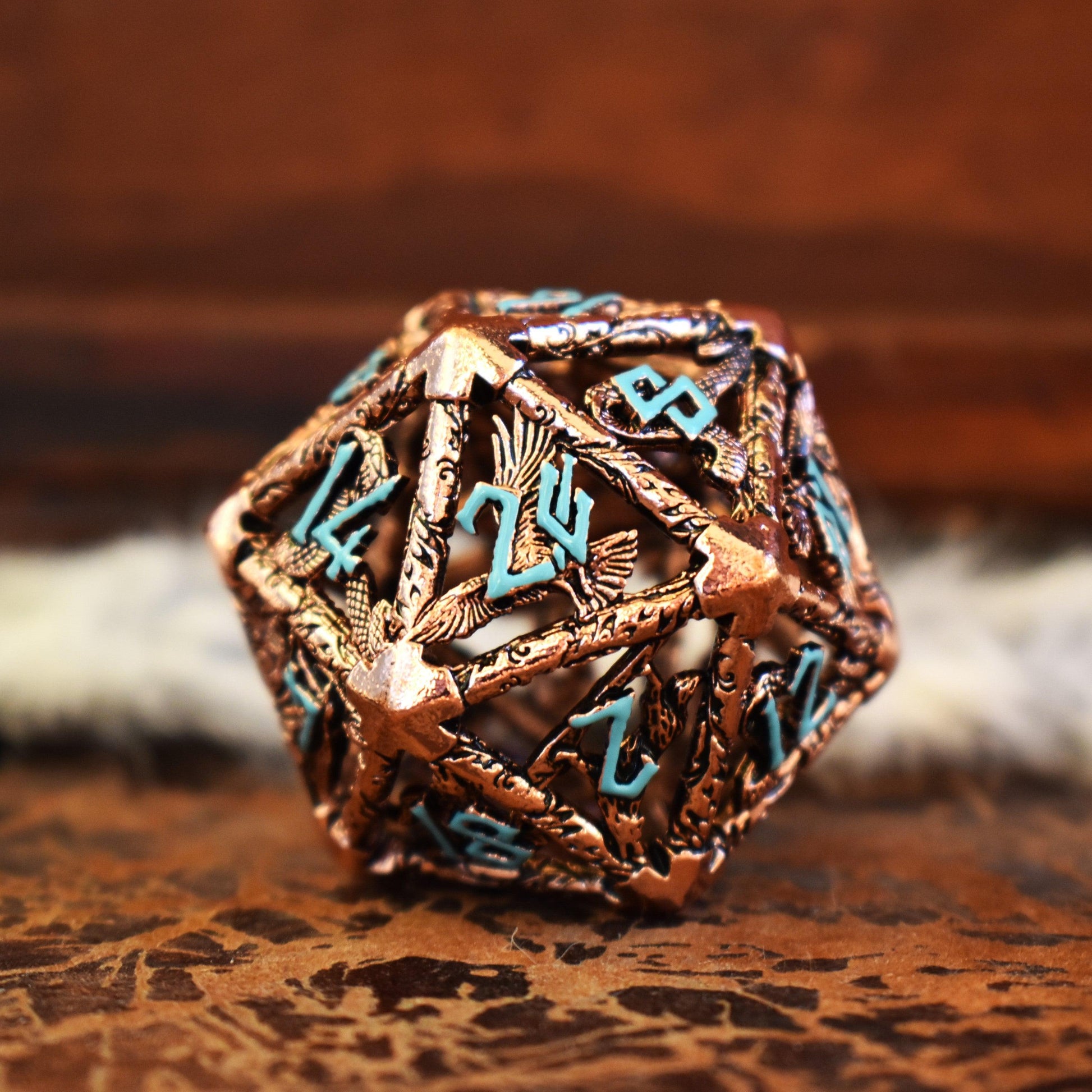 Legends of Valhalla Hollow Metal D20 - Bronze and Blue