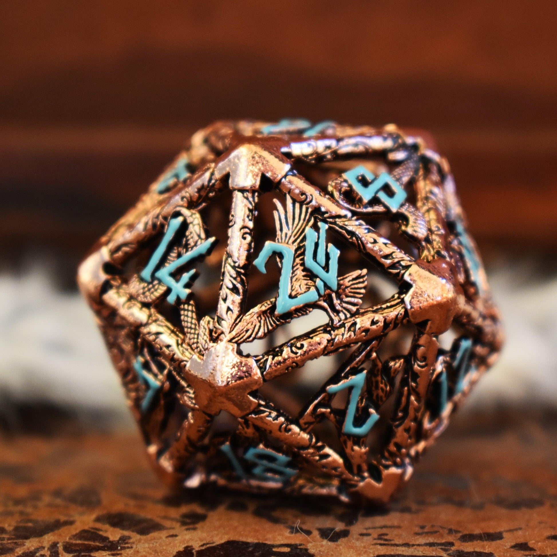 Legends of Valhalla Hollow Metal D20 - Bronze and Blue