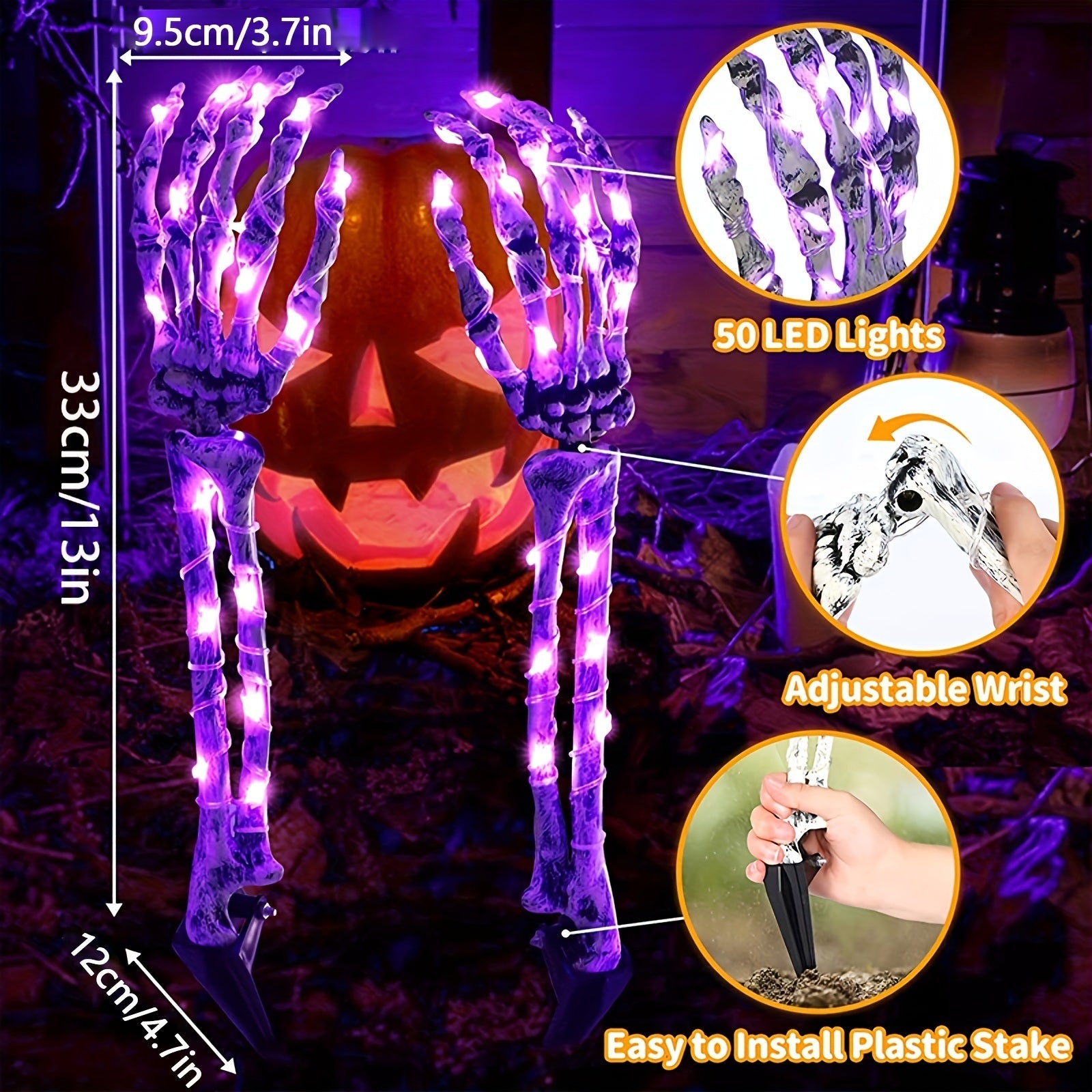 Light Up Your Halloween with 2pcs Life-Size Skeleton Hands & 50 Purple LED Lights!