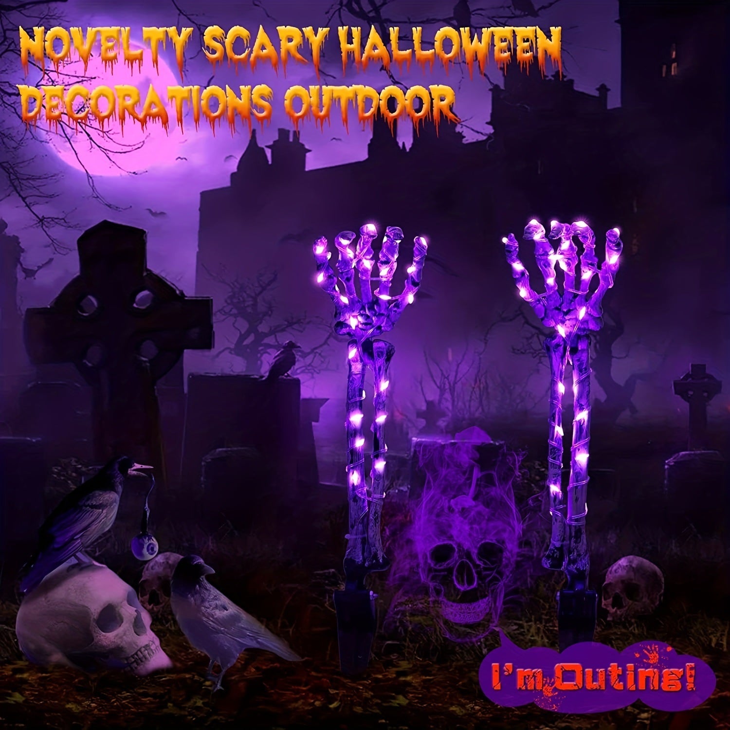 Light Up Your Halloween with 2pcs Life-Size Skeleton Hands & 50 Purple LED Lights!