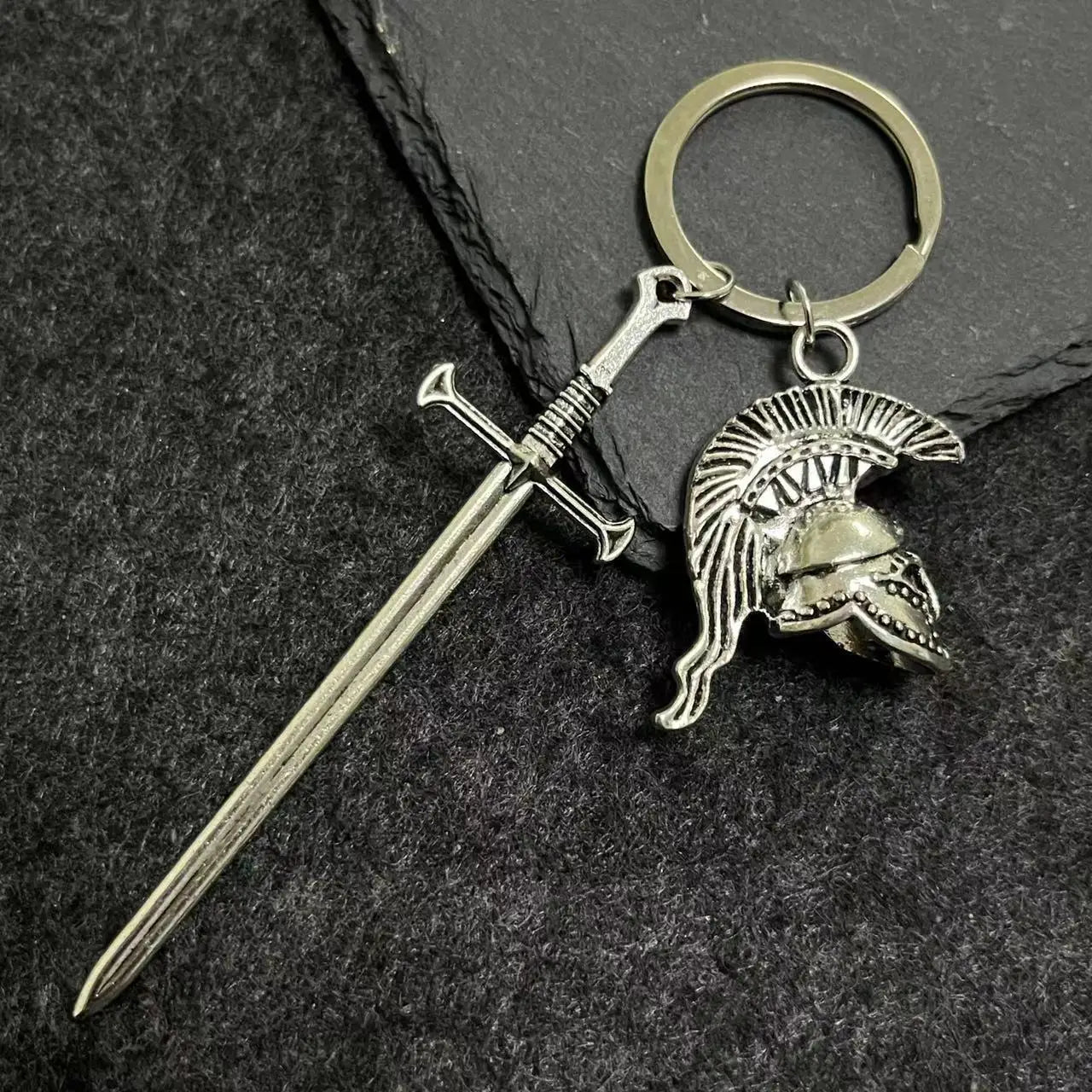 Long Sword Spartan Roman Warrior Helmet Greek Gladiator KeyChain KeyRing Friend Gift Women Man Accessories Jewelry Pendant