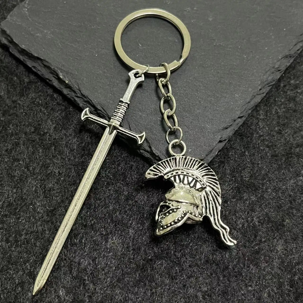 Long Sword Spartan Roman Warrior Helmet Greek Gladiator KeyChain KeyRing Friend Gift Women Man Accessories Jewelry Pendant