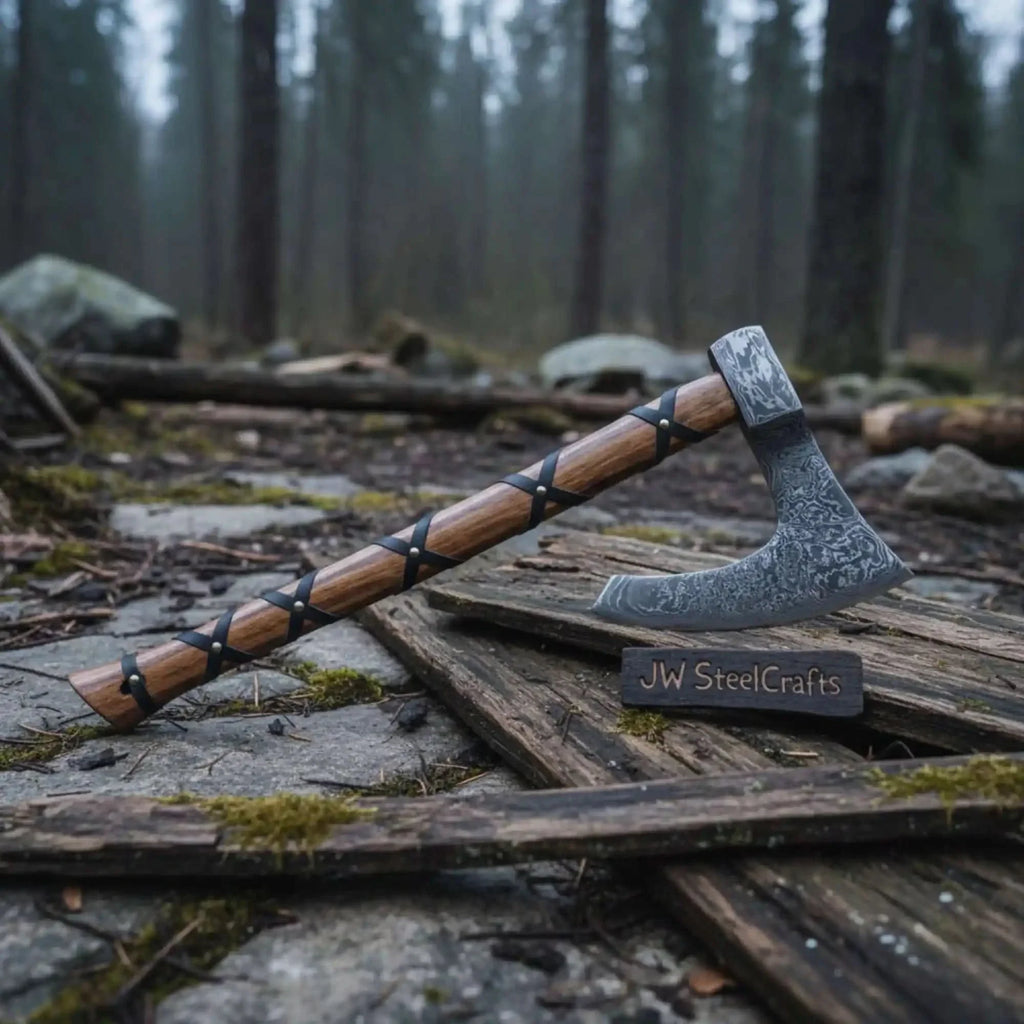 Viking-Style Skeggøx Bearded Damascus Camp Axe with Wrapped Hardwood Shaft and Leather Sheath