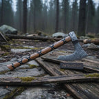 Viking-Style Skeggøx Bearded Damascus Camp Axe with Wrapped Hardwood Shaft and Leather Sheath