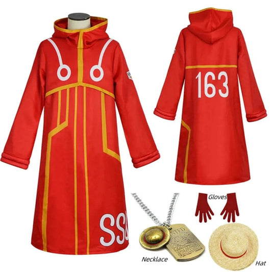 Luffy Egghead Island Cosplay – One Piece 163 Red Robe & Straw Hat Set - S / Costume only