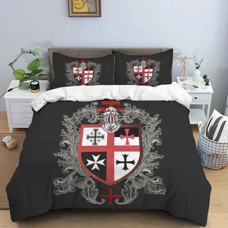 Medieval Knights Templar Patterns Comforter Bedding Set,Duvet Cover Bed Set Quilt Cover Pillowcase,King Queen Size Bedding Set