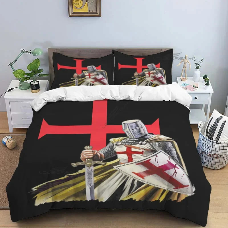 Medieval Knights Templar Patterns Comforter Bedding Set,Duvet Cover Bed Set Quilt Cover Pillowcase,King Queen Size Bedding Set