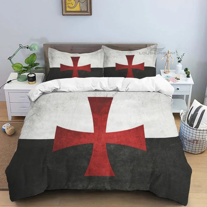 Medieval Knights Templar Patterns Comforter Bedding Set,Duvet Cover Bed Set Quilt Cover Pillowcase,King Queen Size Bedding Set