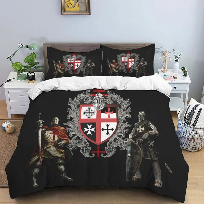 Medieval Knights Templar Patterns Comforter Bedding Set,Duvet Cover Bed Set Quilt Cover Pillowcase,King Queen Size Bedding Set