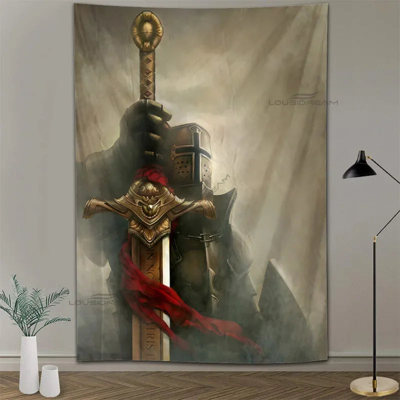 Medieval Knights Templar Patterns Tapestry Wall Hanging Cloth Decorative Tapestry Modern Family Art Decorative Bookshelves Tape