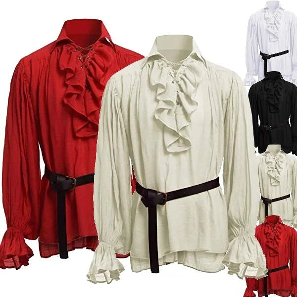 Medieval Renaissance Lacing Up Shirt Bandage Tops Ruffles Shirt Fashion Men Vintage Costume Fluffy Long Sleeve Male