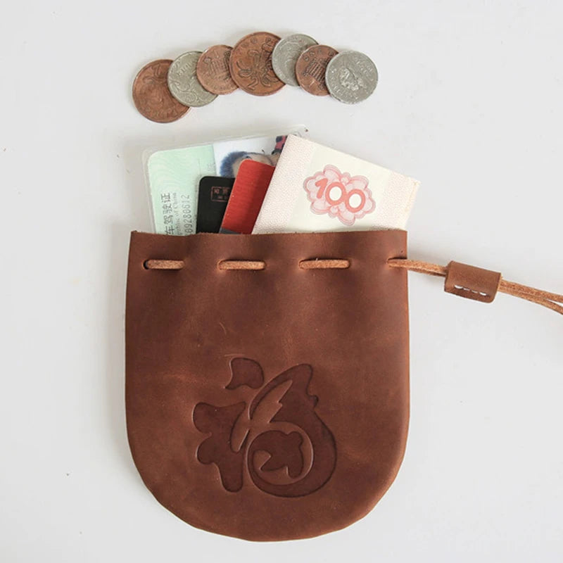 Medieval Retro Cowhide Drawstring Coin Purse Small Bags Women Men Lipstick ID Credit Card Money Key Holder Storage Coin Pouch