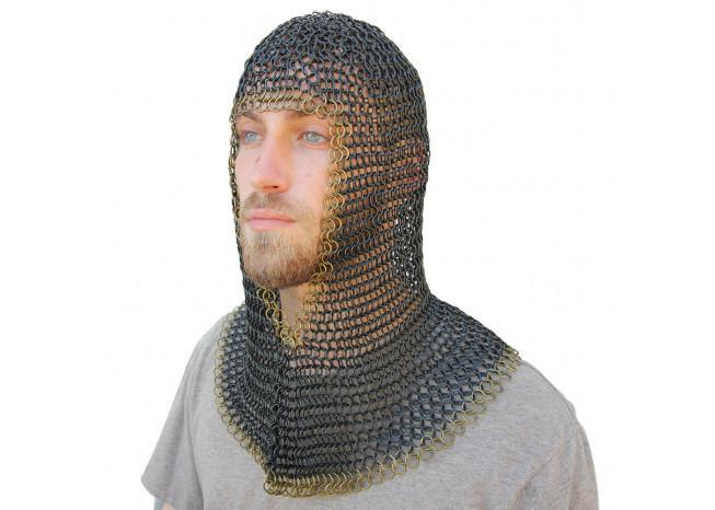 Medieval V Brass Face Mild Steel Chainmail Coif Armor