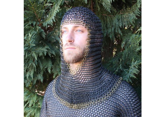 Medieval V Brass Face Mild Steel Chainmail Coif Armor