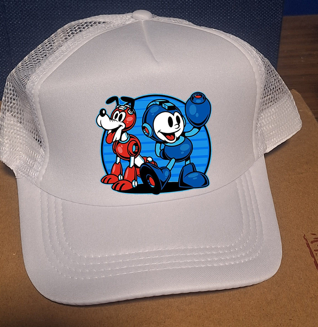 Adjustable Trucker Baseball Cap Featuring Megaman and Rush from the Video Game Series