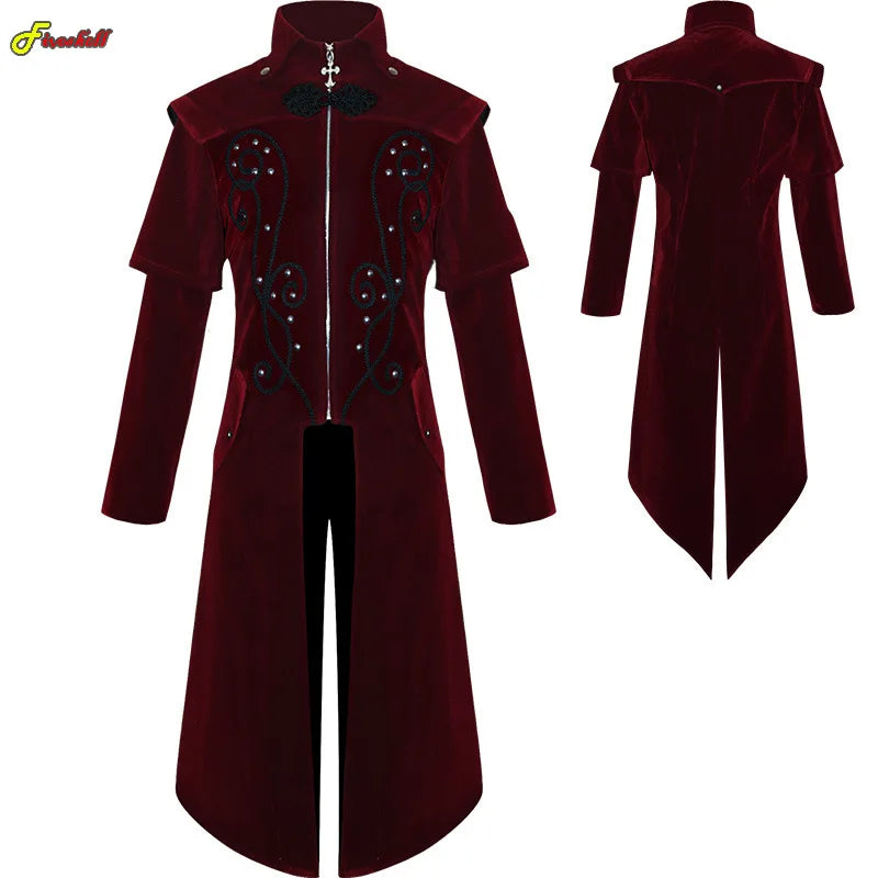 Men's Gothic Medieval Steampunk Castle Vampire Devil Red Coat Cosplay Costume Victorian Luxury Tuxedo Suit Trench Jackets