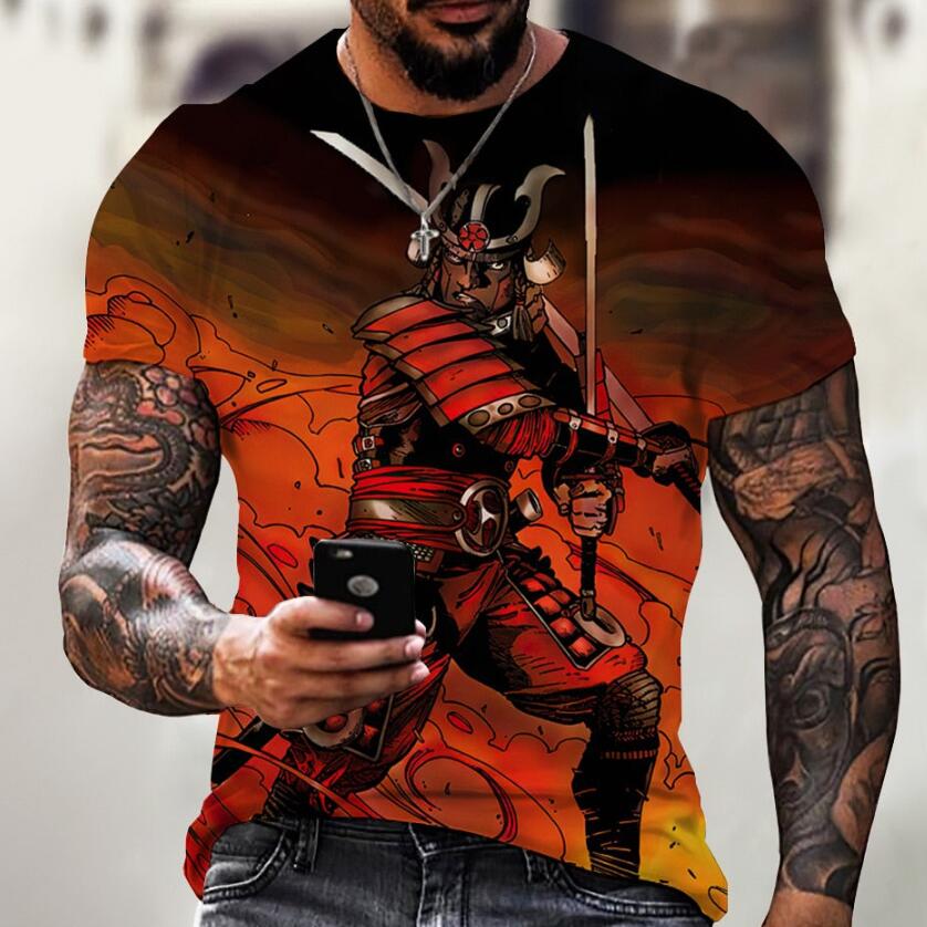 Men's Japanese Samurai 3D Effect Printed Pattern T-shirt