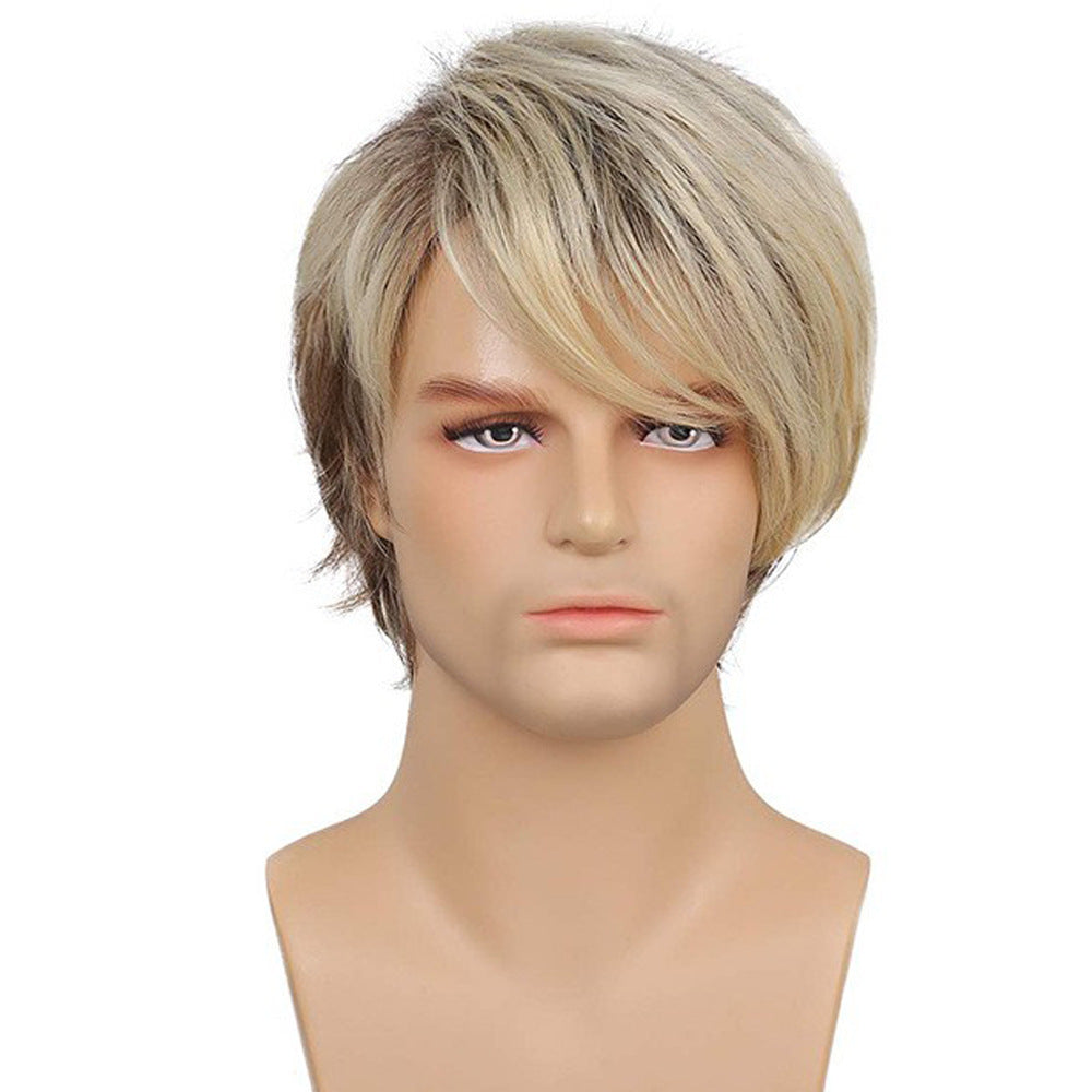 Men's Short Hair Wig Brown Gold Partial Bangs